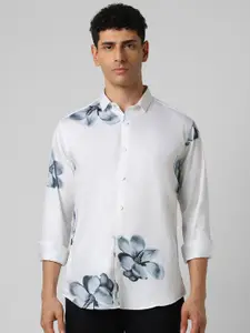 V Dot Men Spread Collar Floral Printed Cotton Slim Fit Party Shirt