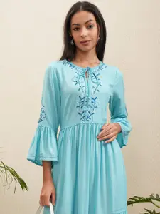 Vishudh Embroidered Bell Sleeve Fit & Flare Midi Dress
