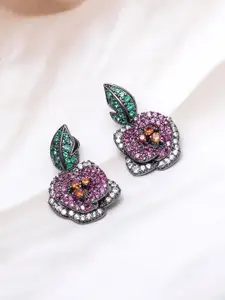 Rubans Rhodium-Plated Emerald, Ruby Pink & Orange CZ Studded Floral Drop EarringS