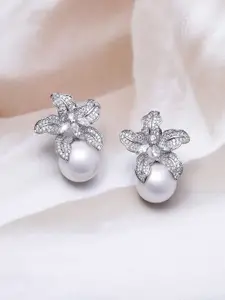 Rubans Rhodium Plated Sparkling AD & Cubic Zirconia Studded Floral Pearl Drop Earrings
