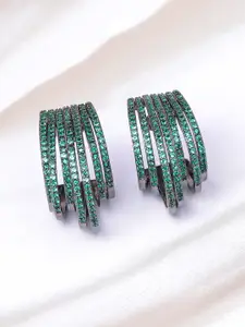 Rubans Rhodium-Plated Black Tone Emerald Zirconia Studded Hoop Earrings