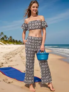 Ziva Fashion Printed Off Shoulder Crop Top With Trousers