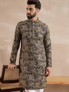 Anouk Floral Printed Mandarin Collar Sequinned Straight Kurta