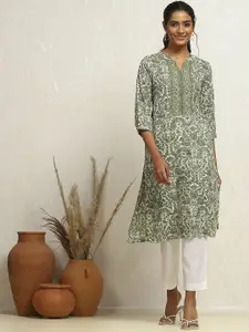 Biba Floral Printed Mandarin Collar Cotton Straight Kurta