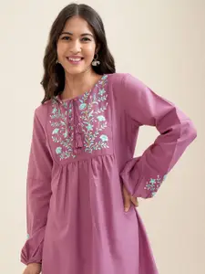 Vishudh Floral Embroidered Tie-Up Neck Bishop Sleeve Sheath Mini Dress