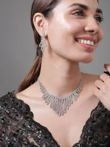 Rubans Rhodium Plated AD & Cubic Zirconia Studded Statement Necklace Set