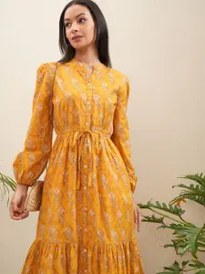 Vishudh Floral Print Bishop Sleeve Tiered and Fit & Flare Midi Dress