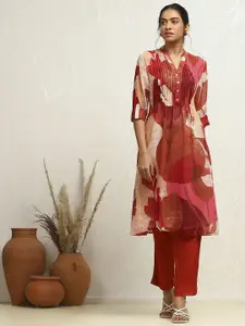 Biba Floral Printed Mandarin Collar Roll-Up Sleeves Georgette Straight Kurta