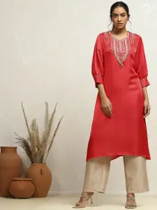 Biba Floral Yoke Design Puff Sleeves Thread Work Satin Straight Kurta