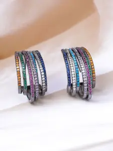 Rubans Rhodium-Plated Multicolor AD & Cubic Zirconia Studded Black-Tone Hoop Earrings