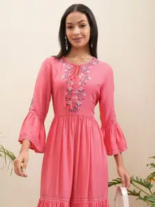 Vishudh Embroidered Bell Sleeve Fit & Flare Midi Dress