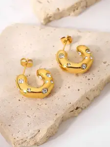 MEENAZ Gold-Plated Stainless Steel Stones Studded Anti Tarnish Circular Half Hoop Earrings