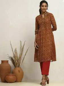 Biba Ethnic Motifs Printed Mandarin Collar Georgette A-Line Kurta