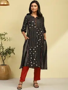 Biba Geometric Printed Notch Neck A-Line Kurta