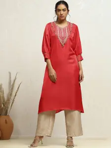 Biba Floral Yoke Design Puff Sleeves Thread Work Satin Straight Kurta