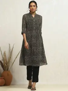 Biba Geometric Printed Mandarin Collar Georgette A-Line Kurta