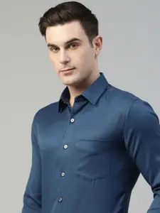 Hancock Men Standard Slim Fit Opaque Self Design Striped Formal Shirt