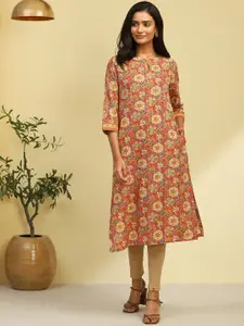 Biba Floral Printed Keyhole Neck Thread Work Cotton Straight Kurta