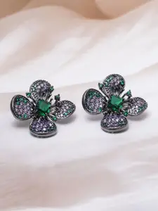 Rubans Rhodium-Plated Emerald & Lavender Cubic Zirconia Studded Black-Tone Floral Studs