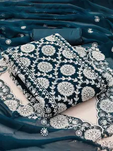 Ishin Floral Embroidered Zari Silk Georgette Unstitched Dress Material