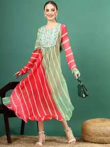 Sangria Green & Red Striped Embroidered Georgette Fit & Flare Maxi Ethnic Dress