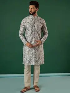 Anouk Grey Ethnic Motifs Printed & Embroidered Sequinned Mandarin Collar Straight Kurta