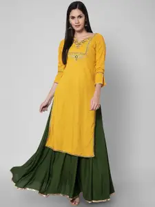 NYPA Floral Embroidered Yoke Design Zari Detail Straight Kurta With Skirt
