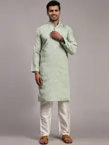 Rawayi Ethnic Motifs Embroidered Thread Work Mandarin Collar Silk Straight Kurta
