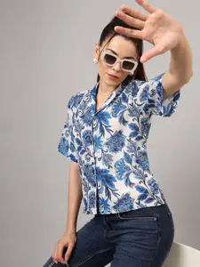 CHARMGAL Women Classic Cuban Collar Abstract Printed Cotton Casual Shirt