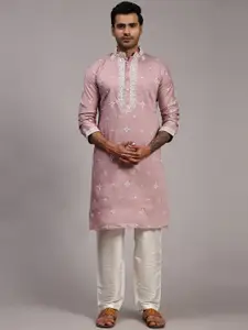 Rawayi Ethnic Motifs Embroidered Thread Work Mandarin Collar Silk Straight Kurta