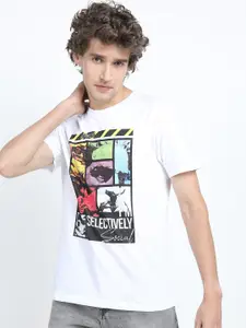 HIGHLANDER Men White Printed Round Neck Applique Slim Fit T-shirt