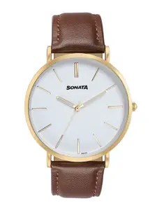 Sonata Men Dial & Leather Straps Analogue Watch 77143YL01