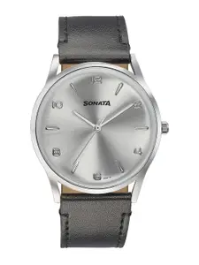 Sonata Men Embellished Dial & Leather Straps Analogue Watch 77140SL01