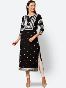 GoSriKi Dloral Embroidered Notch Neck Straight Kurta