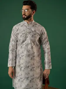 Anouk Grey Abstract Printed & Embroidered Sequinned Mandarin Collar Straight Kurta