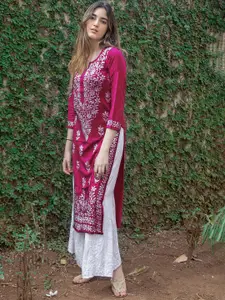 GoSriKi Floral Embroidered Chikankari Straight Kurta