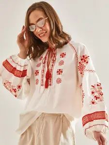 BIANCO LUCCI Floral Embellished Tie-Up Neck Flared Sleeve Top