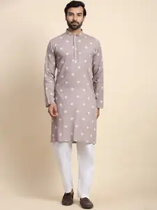 Rawayi Ethnic Motifs Embroidered Mandarin Collar Pure Cotton Kurta