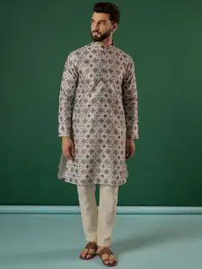 Anouk Grey Ethnic Motifs Printed & Embroidered Sequinned Mandarin Collar Straight Kurta