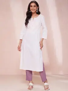 Fabindia Striped Woven Design Notched Neck Pure Cotton Straight Kurta