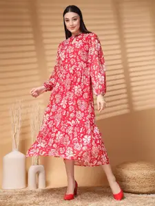 plusS Floral Print Puff Sleeve A-Line Midi Dress