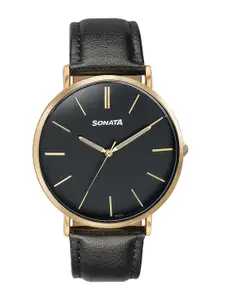 Sonata Men Embellished Dial & Leather Bracelet Style Straps Analogue Watch 77143YL02