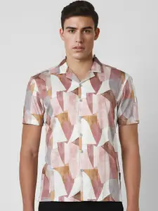V Dot Men Cuban Collar Abstract Printed Cotton Slim Fit Party Shirt