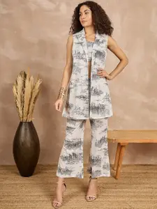 all about you Black Printed Shoulder Straps Pure Cotton Crop Top With Trouser & Shrug