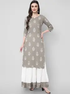 NYPA Floral Printed Round Neck Three Quarter Sleeves Straight Kurta With Skirt