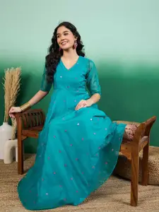 Sangria Women Floral Thread and Sequinned Embroidered Maxi Dress