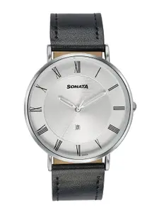 Sonata Men Dial & Leather Textured Straps Analogue Watch 77142SL01