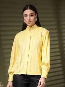 plusS Women Band Collar Textured Casual Shirt