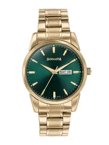 Sonata Men Embellished Dial & Stainless Steel Bracelet Style Straps Analogue Watch 77147YM02