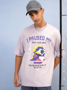 HIGHLANDER Mauve Typography Printed Oversized T-shirt with Round Neck